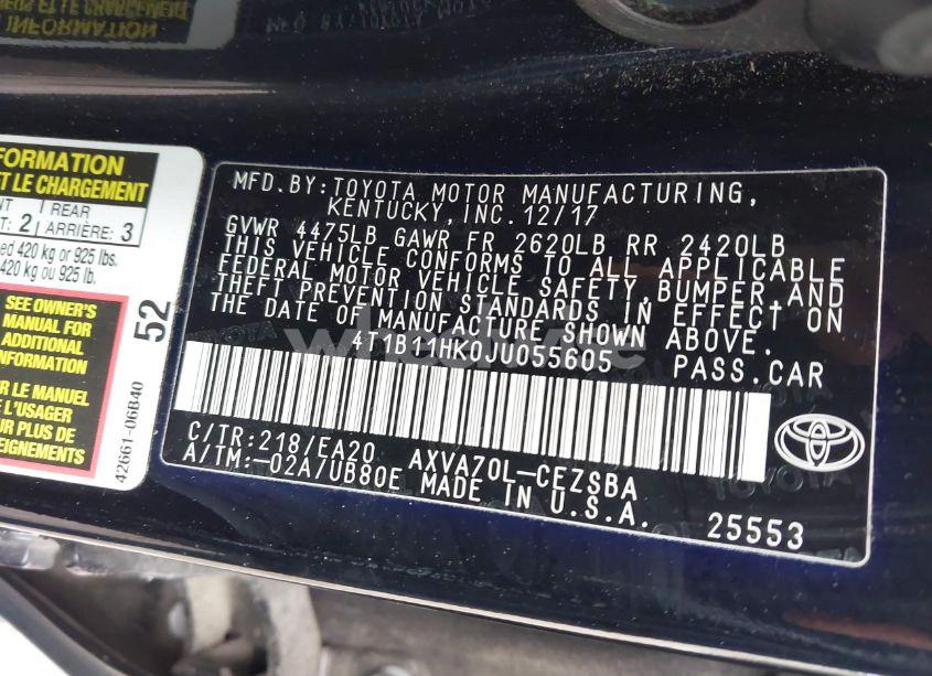 Photo 9 of 2018 Toyota Camry SE (VIN 4T1B11HK0JU055605)