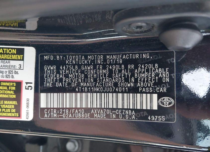 Photo 9 of 2018 Toyota Camry LE (VIN 4T1B11HK0JU074011)