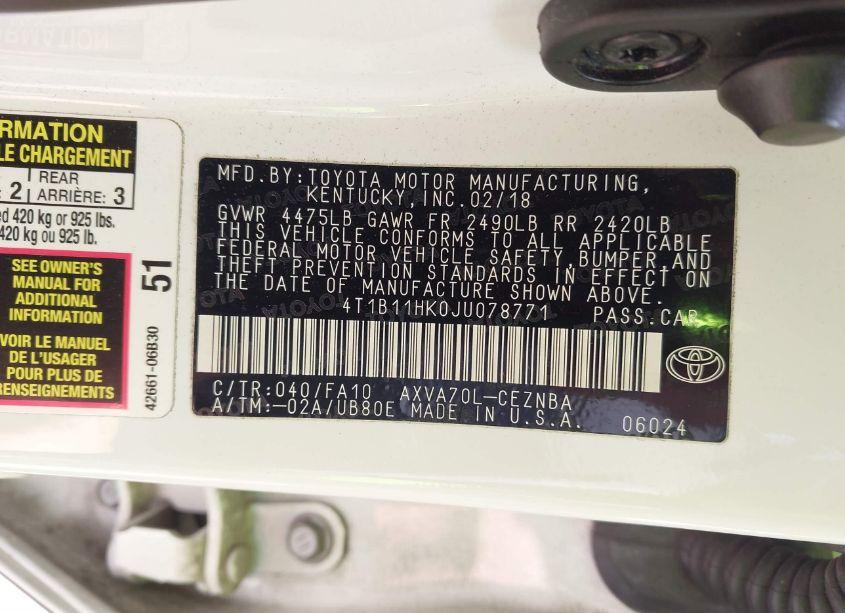 Photo 9 of 2018 Toyota Camry LE (VIN 4T1B11HK0JU078771)