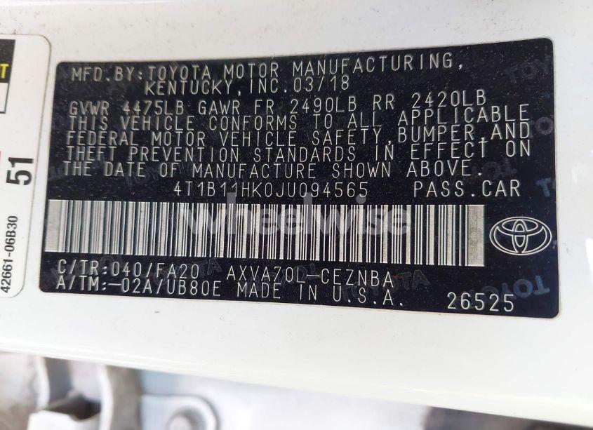 Photo 9 of 2018 Toyota Camry LE (VIN 4T1B11HK0JU094565)