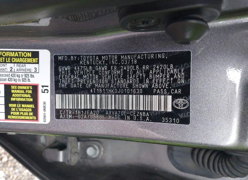 Photo 9 of 2018 Toyota Camry LE (VIN 4T1B11HK0JU101630)