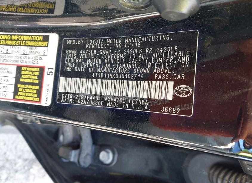 Photo 9 of 2018 Toyota Camry LE (VIN 4T1B11HK0JU102714)