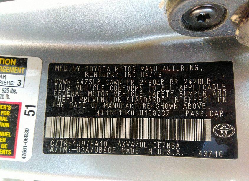 Photo 9 of 2018 Toyota Camry LE (VIN 4T1B11HK0JU108237)