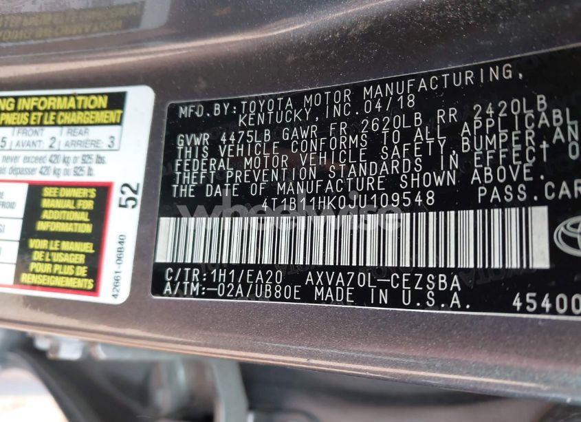 Photo 9 of 2018 Toyota Camry SE (VIN 4T1B11HK0JU109548)