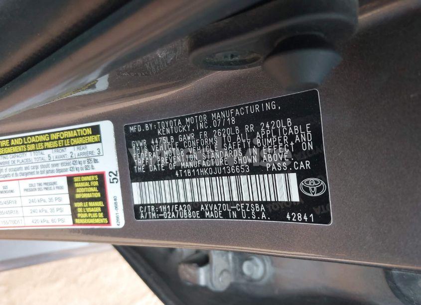 Photo 9 of 2018 Toyota Camry SE (VIN 4T1B11HK0JU136653)