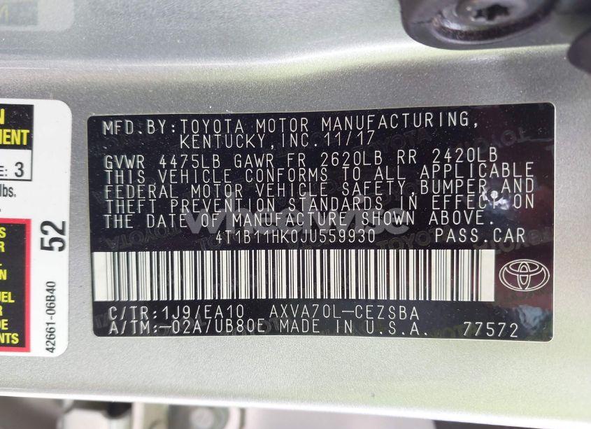 Photo 9 of 2018 Toyota Camry SE (VIN 4T1B11HK0JU559930)