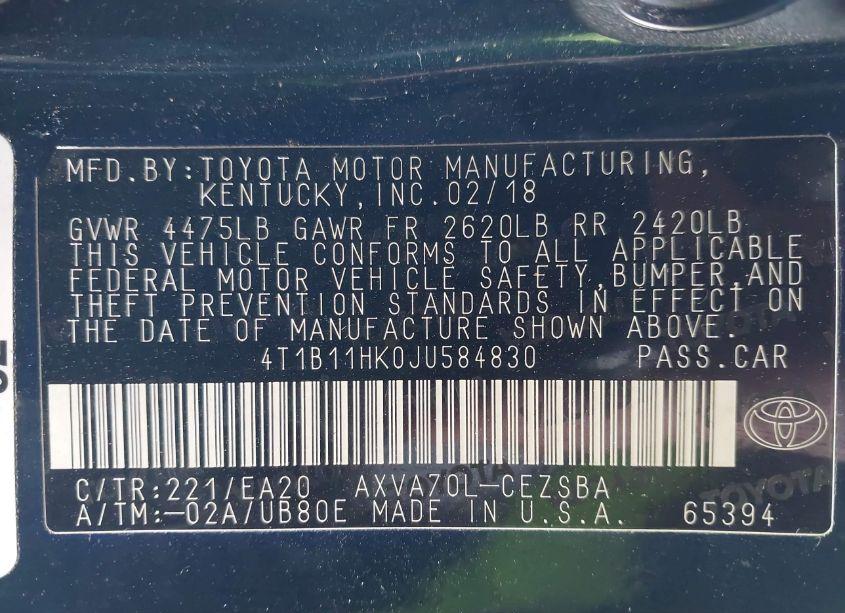 Photo 9 of 2018 Toyota Camry SE (VIN 4T1B11HK0JU584830)