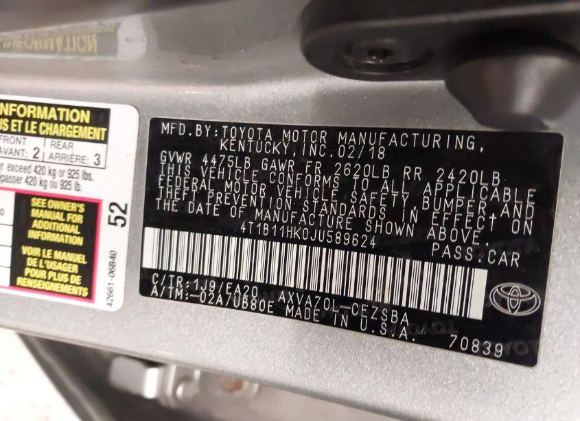 Photo 9 of 2018 Toyota Camry SE (VIN 4T1B11HK0JU589624)