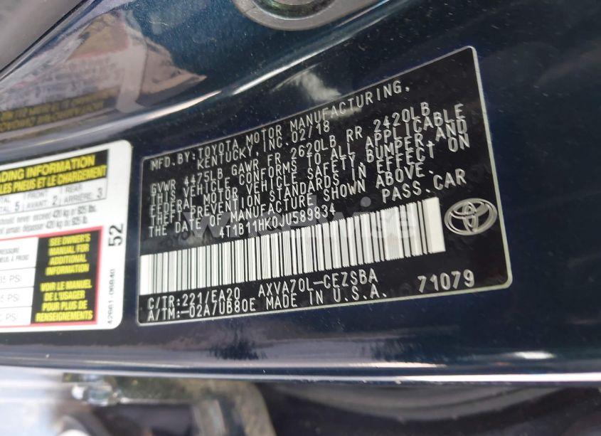 Photo 9 of 2018 Toyota Camry SE (VIN 4T1B11HK0JU589834)