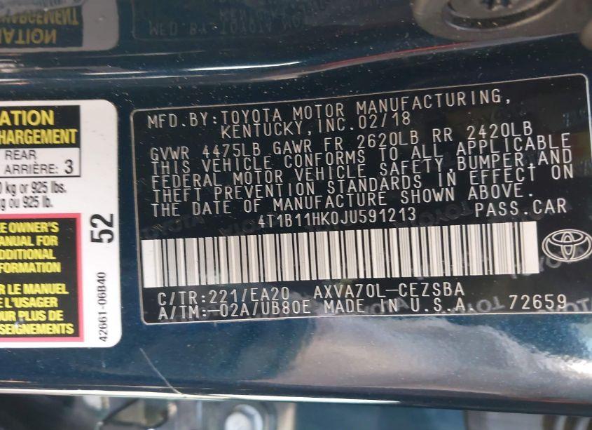 Photo 9 of 2018 Toyota Camry SE (VIN 4T1B11HK0JU591213)