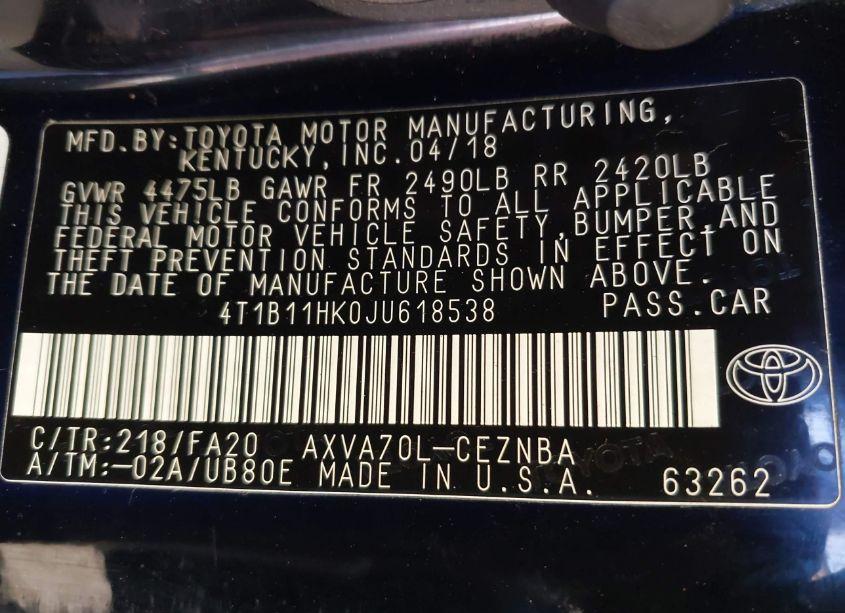 Photo 9 of 2018 Toyota Camry LE (VIN 4T1B11HK0JU618538)