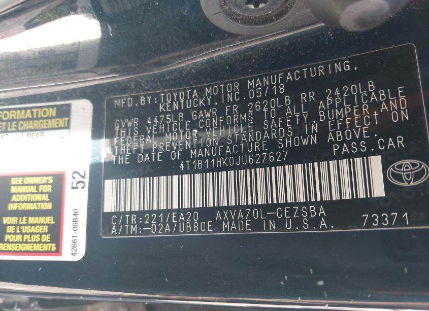 Photo 9 of 2018 Toyota Camry SE (VIN 4T1B11HK0JU627627)