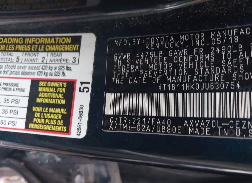 Photo 9 of 2018 Toyota Camry LE (VIN 4T1B11HK0JU630754)