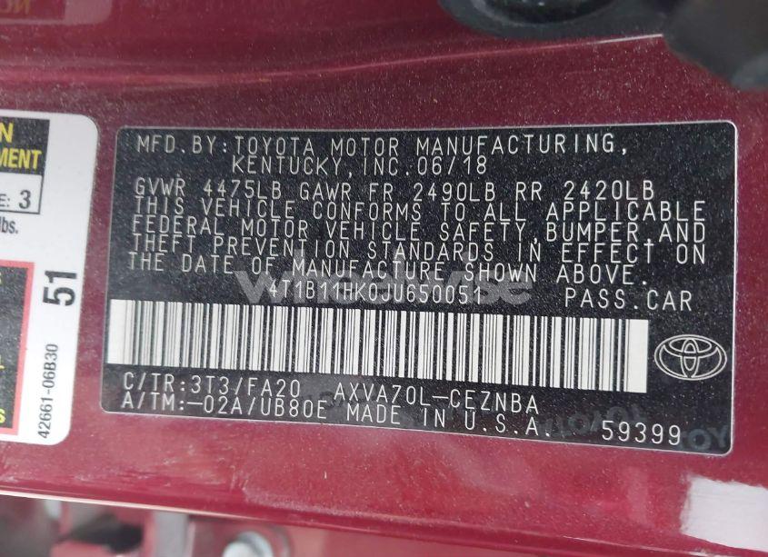 Photo 9 of 2018 Toyota Camry LE (VIN 4T1B11HK0JU650051)