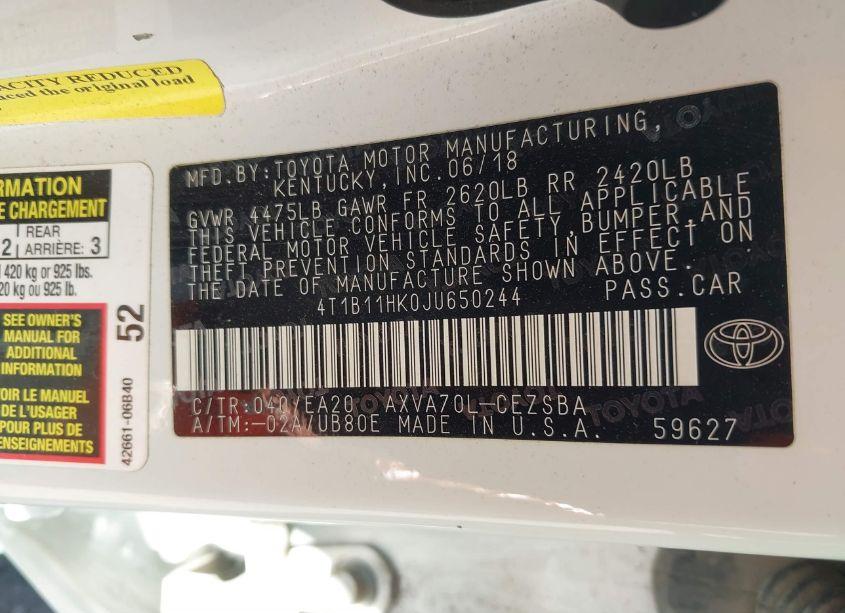 Photo 9 of 2018 Toyota Camry SE (VIN 4T1B11HK0JU650244)