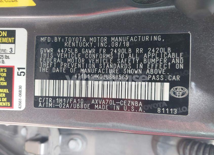 Photo 9 of 2018 Toyota Camry LE (VIN 4T1B11HK0JU668565)