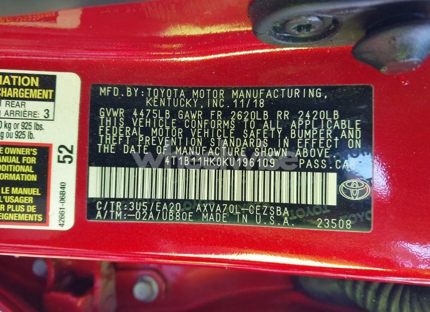 Photo 9 of 2019 Toyota Camry SE (VIN 4T1B11HK0KU196109)