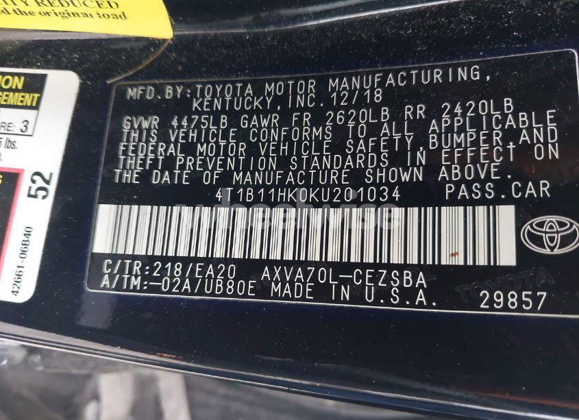 Photo 9 of 2019 Toyota Camry SE (VIN 4T1B11HK0KU201034)