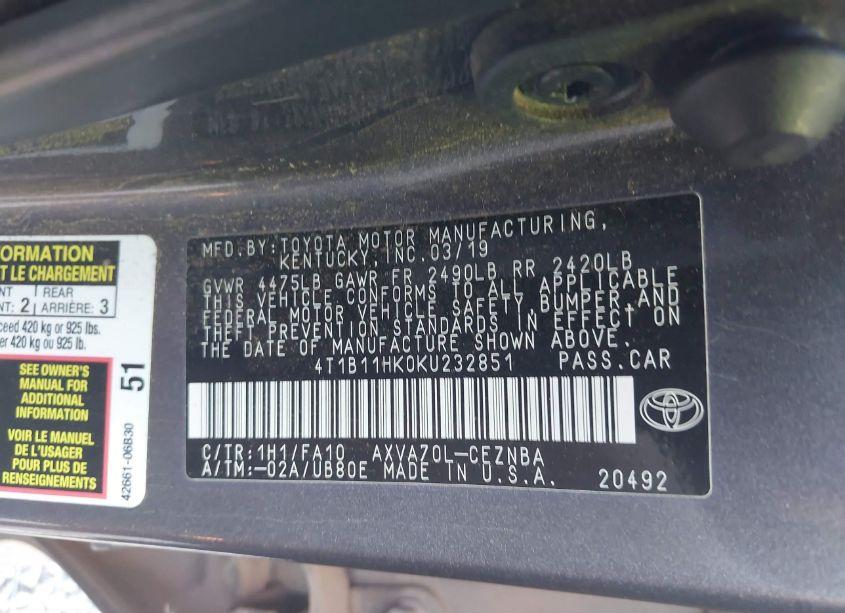 Photo 9 of 2019 Toyota Camry LE (VIN 4T1B11HK0KU232851)