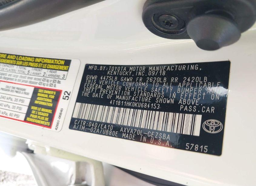 Photo 9 of 2019 Toyota Camry SE (VIN 4T1B11HK0KU684153)