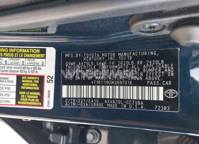 Photo 9 of 2019 Toyota Camry SE (VIN 4T1B11HK0KU697016)