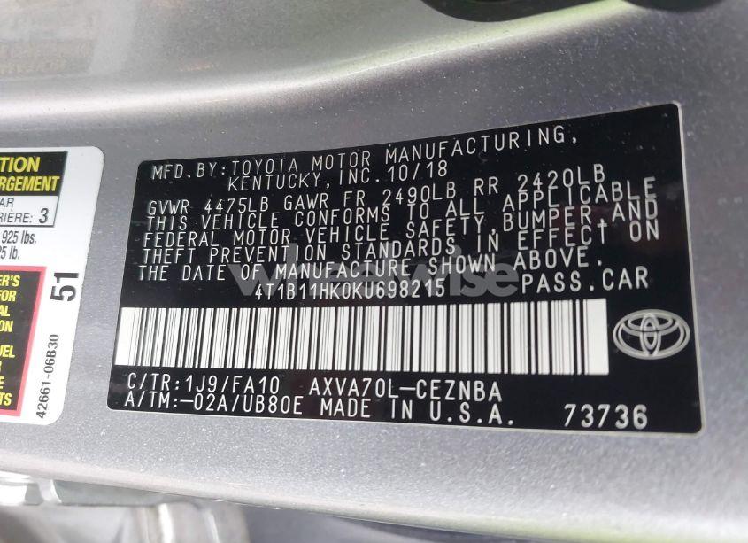 Photo 9 of 2019 Toyota Camry LE (VIN 4T1B11HK0KU698215)