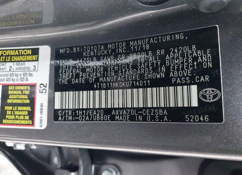 Photo 9 of 2019 Toyota Camry SE (VIN 4T1B11HK0KU714011)