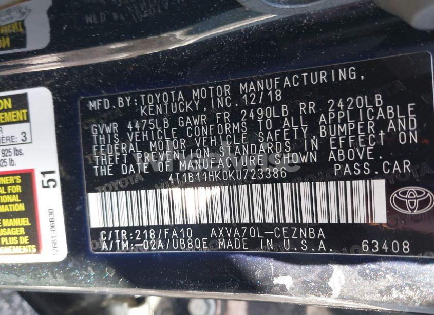 Photo 9 of 2019 Toyota Camry LE (VIN 4T1B11HK0KU723386)