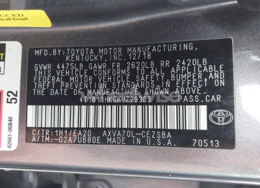 Photo 9 of 2019 Toyota Camry SE (VIN 4T1B11HK0KU729303)