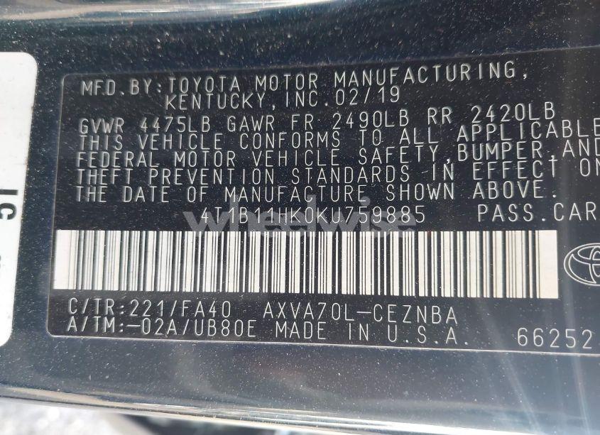 Photo 9 of 2019 Toyota Camry LE (VIN 4T1B11HK0KU759885)