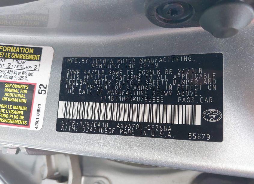 Photo 9 of 2019 Toyota Camry SE (VIN 4T1B11HK0KU785886)