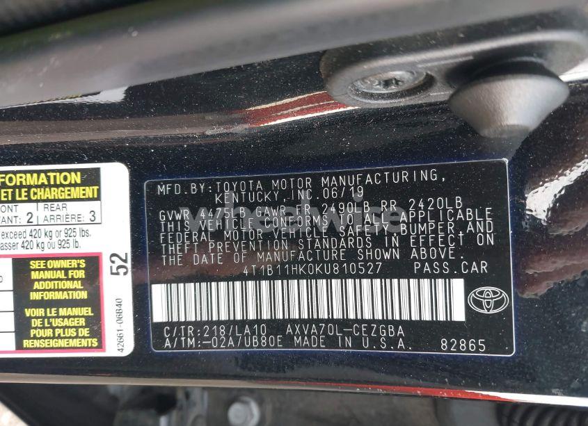 Photo 9 of 2019 Toyota Camry XLE (VIN 4T1B11HK0KU810527)