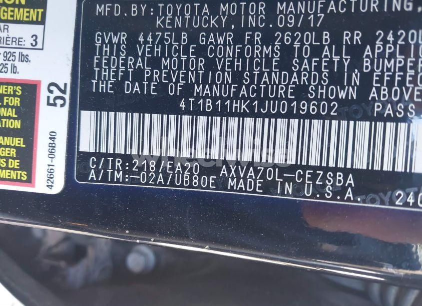 Photo 9 of 2018 Toyota Camry SE (VIN 4T1B11HK1JU019602)