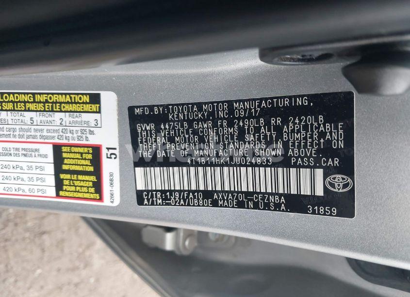 Photo 9 of 2018 Toyota Camry LE (VIN 4T1B11HK1JU024833)