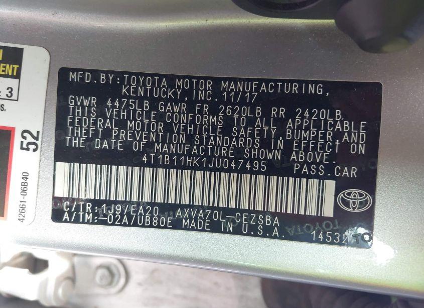 Photo 9 of 2018 Toyota Camry SE (VIN 4T1B11HK1JU047495)