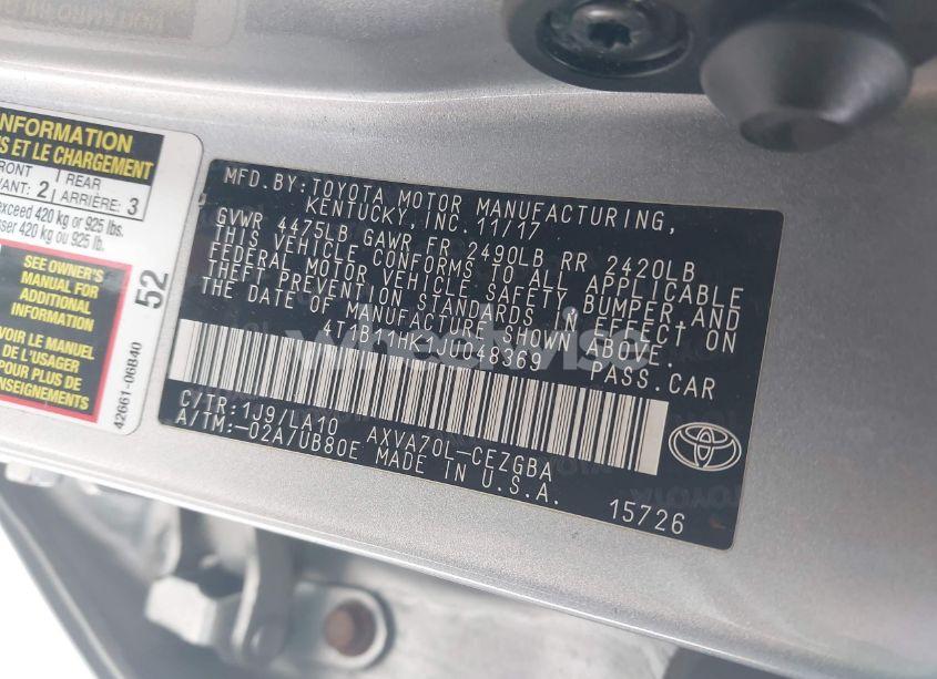 Photo 9 of 2018 Toyota Camry XLE (VIN 4T1B11HK1JU048369)