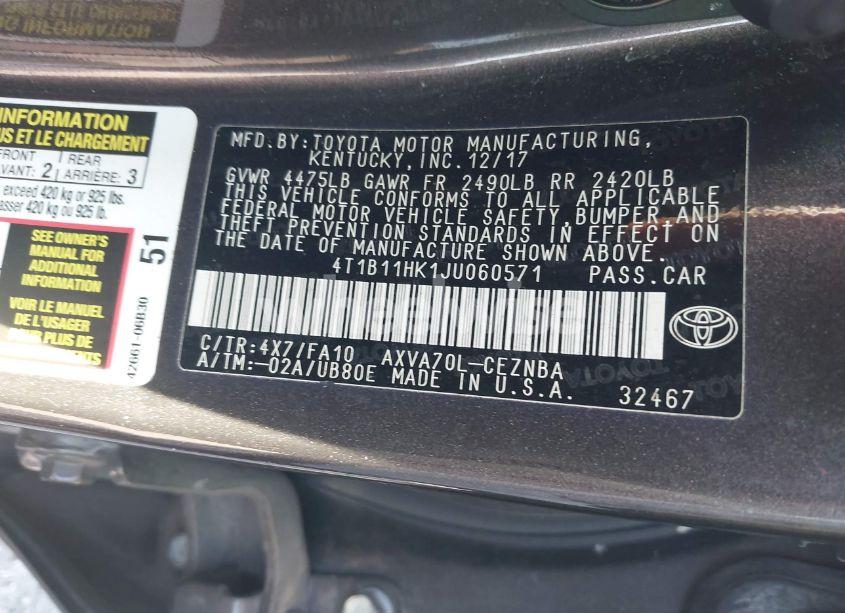 Photo 9 of 2018 Toyota Camry LE (VIN 4T1B11HK1JU060571)