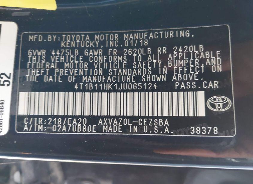 Photo 9 of 2018 Toyota Camry SE (VIN 4T1B11HK1JU065124)