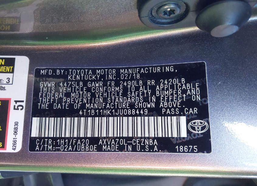 Photo 9 of 2018 Toyota Camry LE (VIN 4T1B11HK1JU088449)