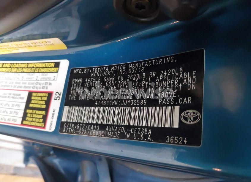 Photo 9 of 2018 Toyota Camry SE (VIN 4T1B11HK1JU102589)