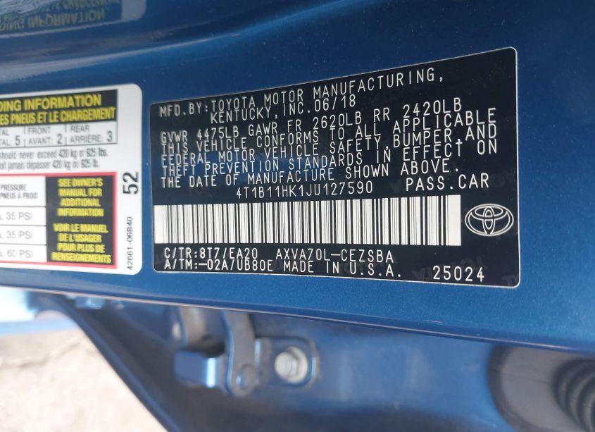 Photo 9 of 2018 Toyota Camry SE (VIN 4T1B11HK1JU127590)