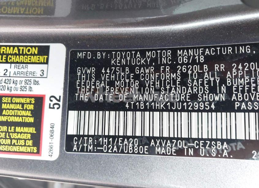 Photo 9 of 2018 Toyota Camry SE (VIN 4T1B11HK1JU129954)