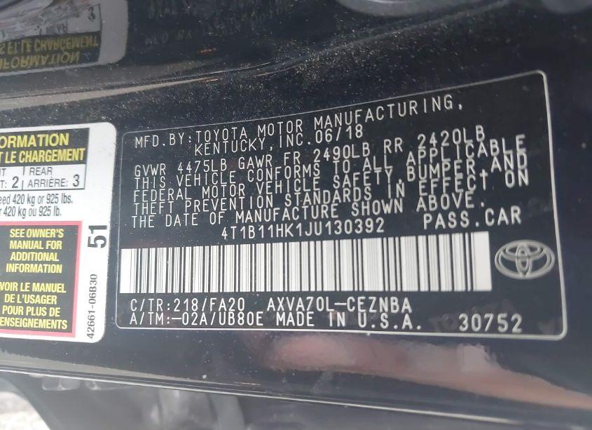 Photo 9 of 2018 Toyota Camry LE (VIN 4T1B11HK1JU130392)