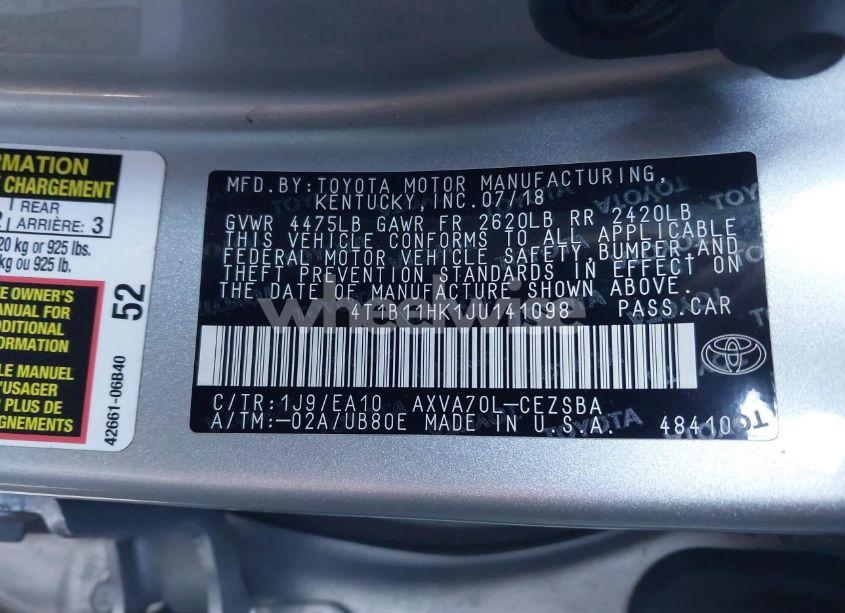 Photo 9 of 2018 Toyota Camry SE (VIN 4T1B11HK1JU141098)