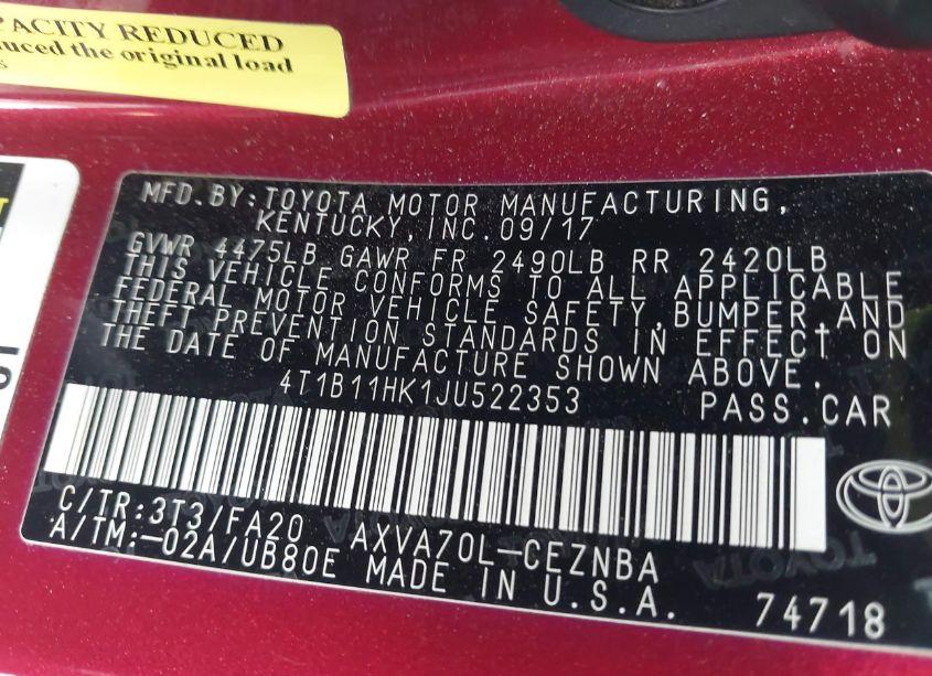 Photo 9 of 2018 Toyota Camry LE (VIN 4T1B11HK1JU522353)