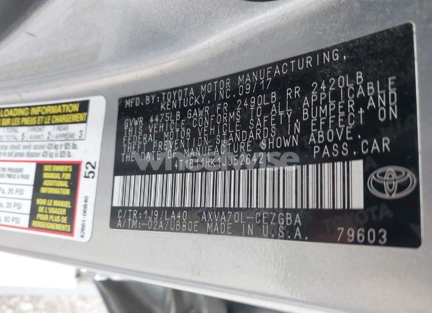 Photo 9 of 2018 Toyota Camry XLE (VIN 4T1B11HK1JU526421)