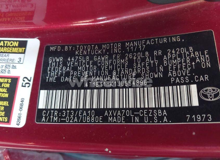 Photo 9 of 2018 Toyota Camry SE (VIN 4T1B11HK1JU554896)