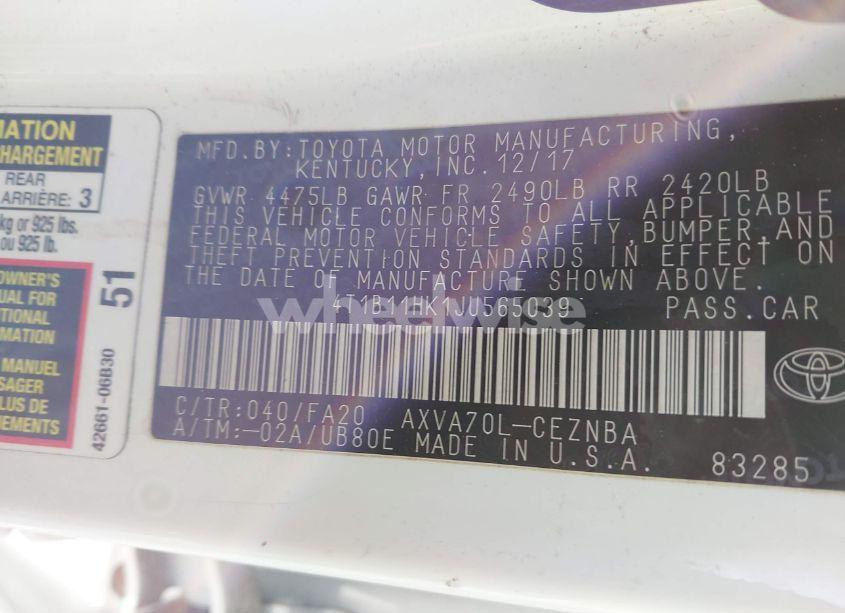 Photo 9 of 2018 Toyota Camry LE (VIN 4T1B11HK1JU565039)