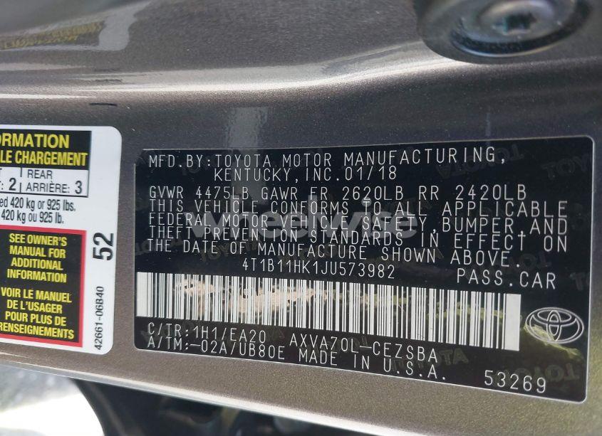 Photo 9 of 2018 Toyota Camry SE (VIN 4T1B11HK1JU573982)