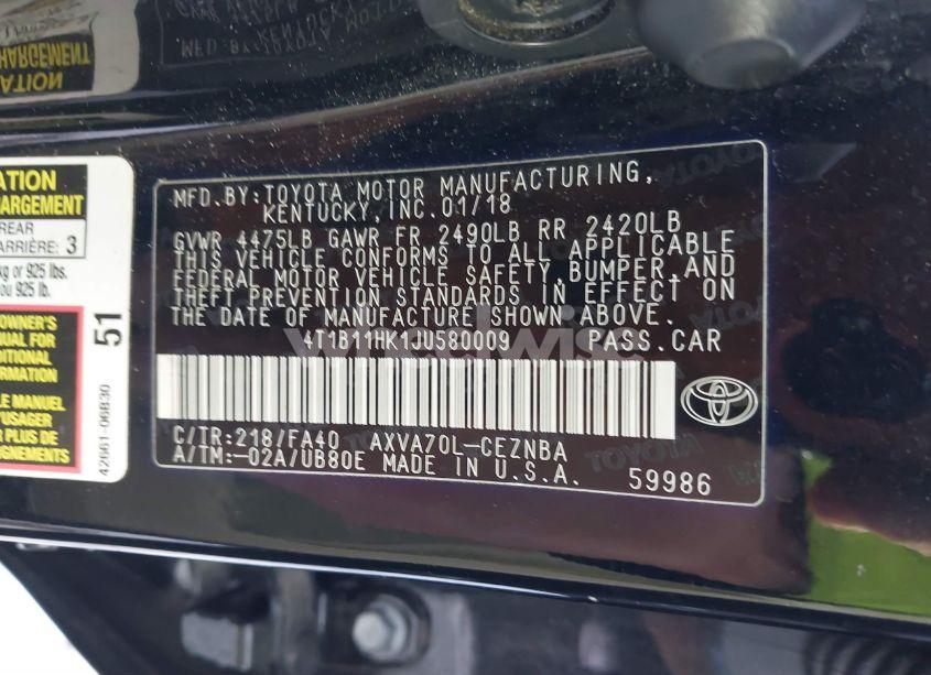 Photo 9 of 2018 Toyota Camry LE (VIN 4T1B11HK1JU580009)